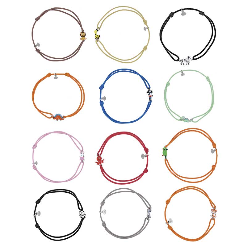 Lot de 12 bracelets réglables en cordon, avec motifs d'animaux en émail et argent 925/1000 rhodié