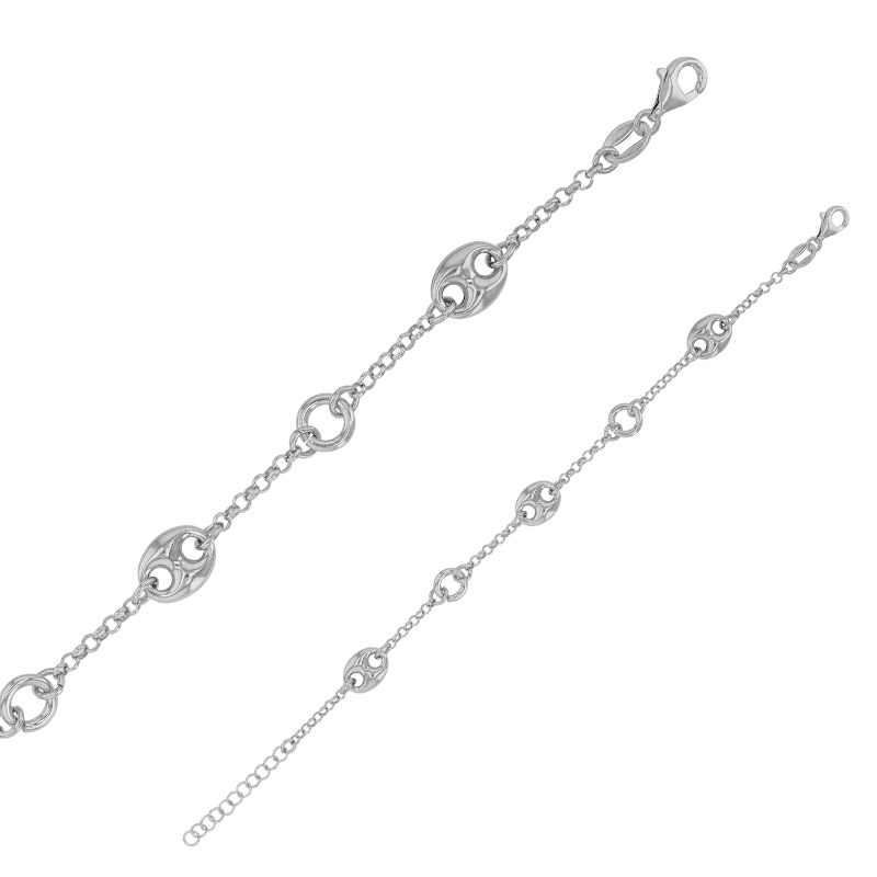 Bracelet motif 3 grains de café et 2 cercles, argent 925/1000 rhodié