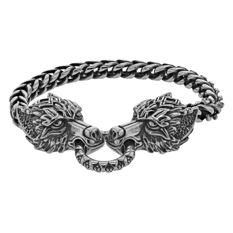 Bracelet maille queue de renard motif tête de loups en acier