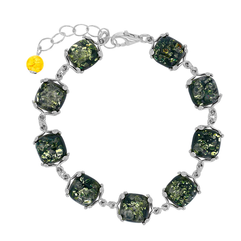 Bracelet orné de pierres d'ambre vertes et carrées, une pierre d'ambre ronde jaune, argent 925/1000
