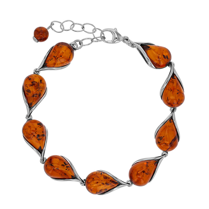 Bracelet gouttes pierres d'ambre cognac, argent 925/1000 rhodié