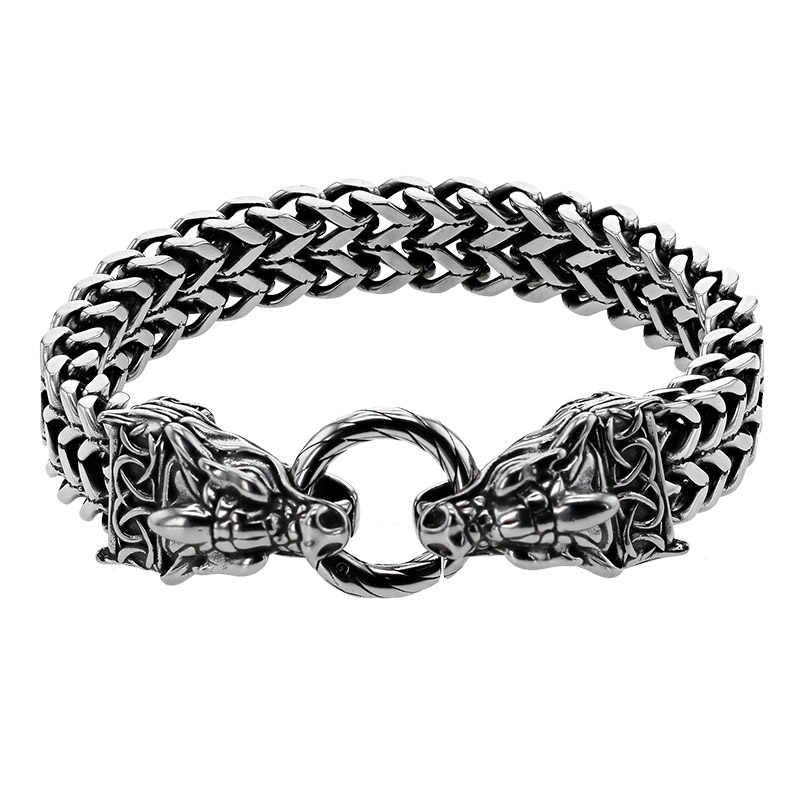 Bracelet en acier à double maille queue de renard, avec fermoir à deux têtes de dragon