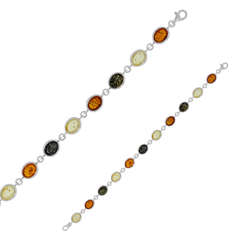 Bracelet ovale ambre cognac, miel et gris en argent 925/1000 rhodié