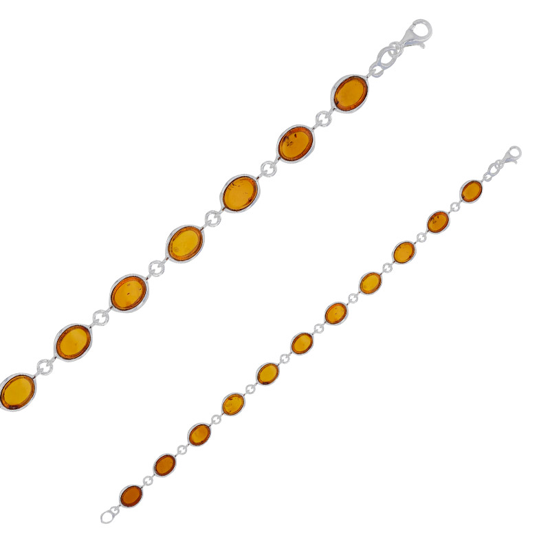 Bracelet cabochon plat ambre cognac et argent 925/1000 rhodié