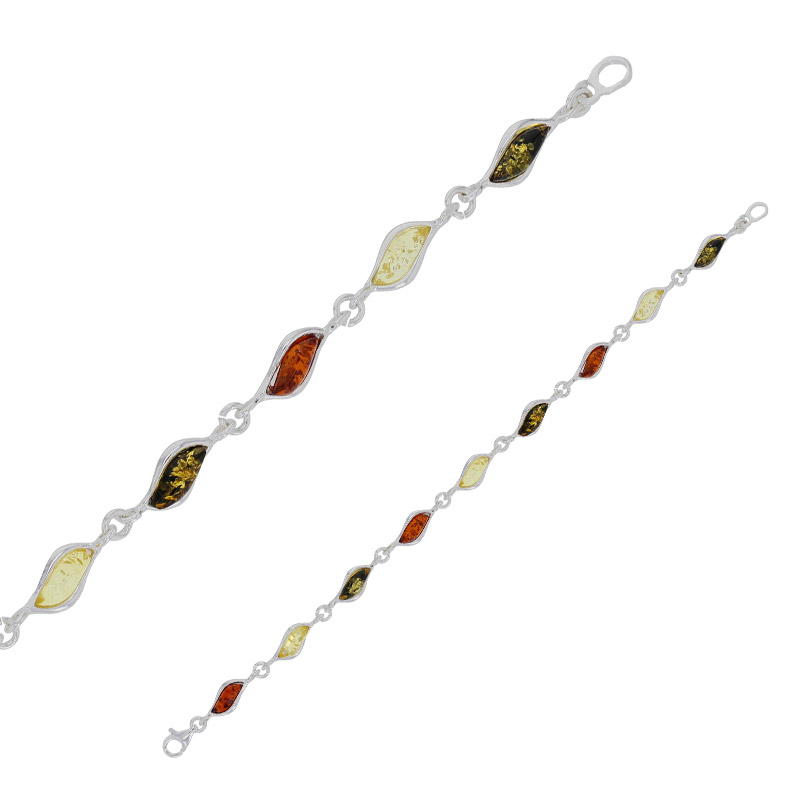 Bracelet forme amande en ambre cognac, miel et gris, argent 925/1000 rhodié