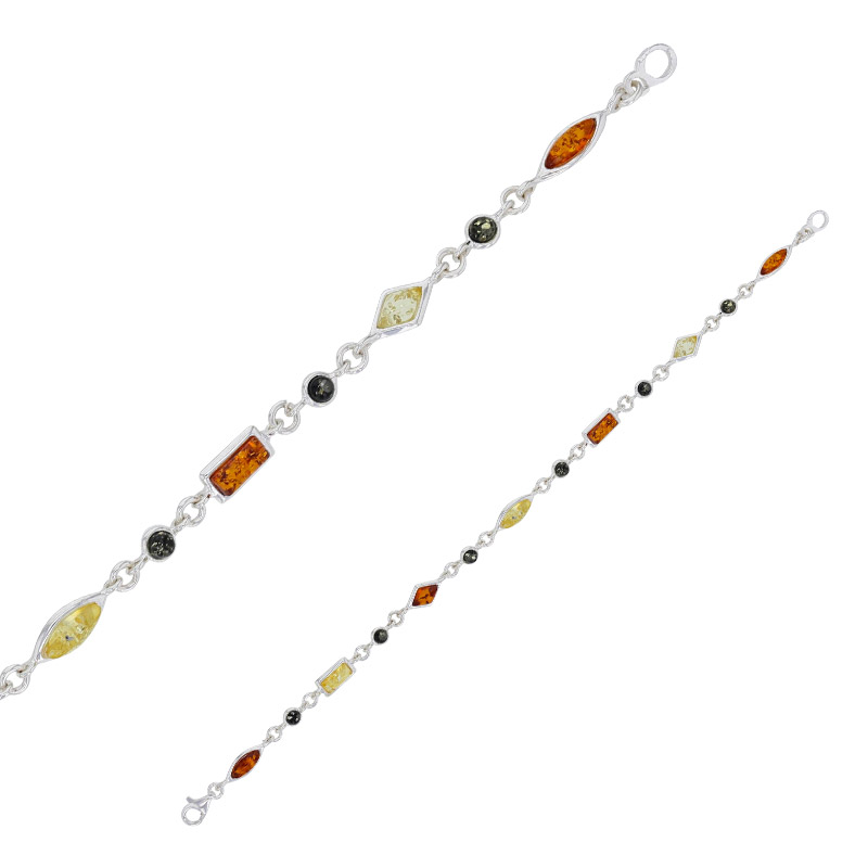 Bracelet rectangle/losange/rond ambre cognac, miel et gris en argent 925/1000 rhodié
