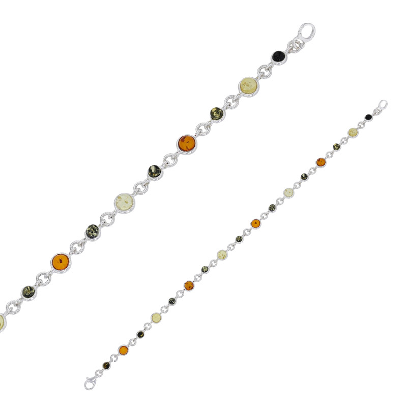 Bracelet rond ambre cognac, miel et gris en argent 925/1000 rhodié