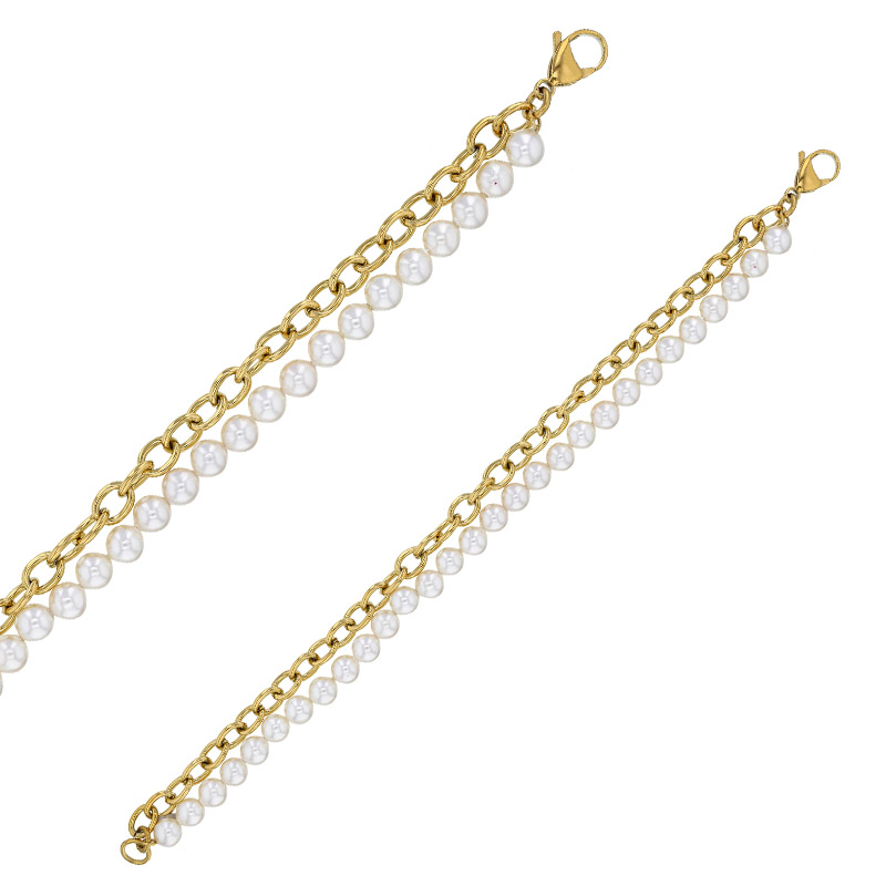 Bracelet maille en acier doré et perles d'imitations
