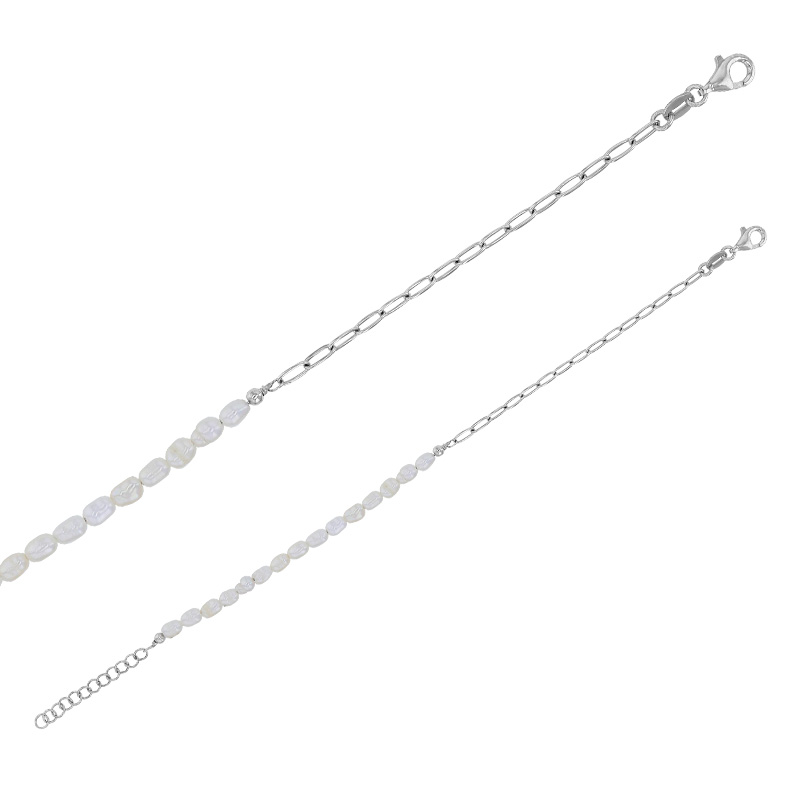 Bracelet perles de culture d'eau douce et maille forçat allongée, argent 925/1000 platiné