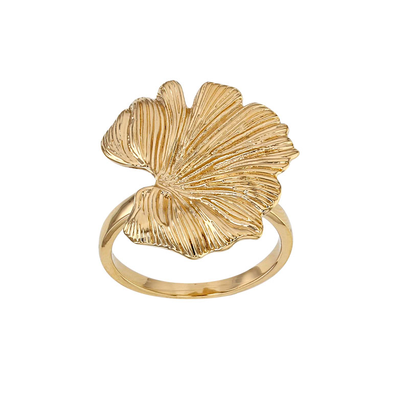 Bague feuille de ginkgo strié, plaqué or
