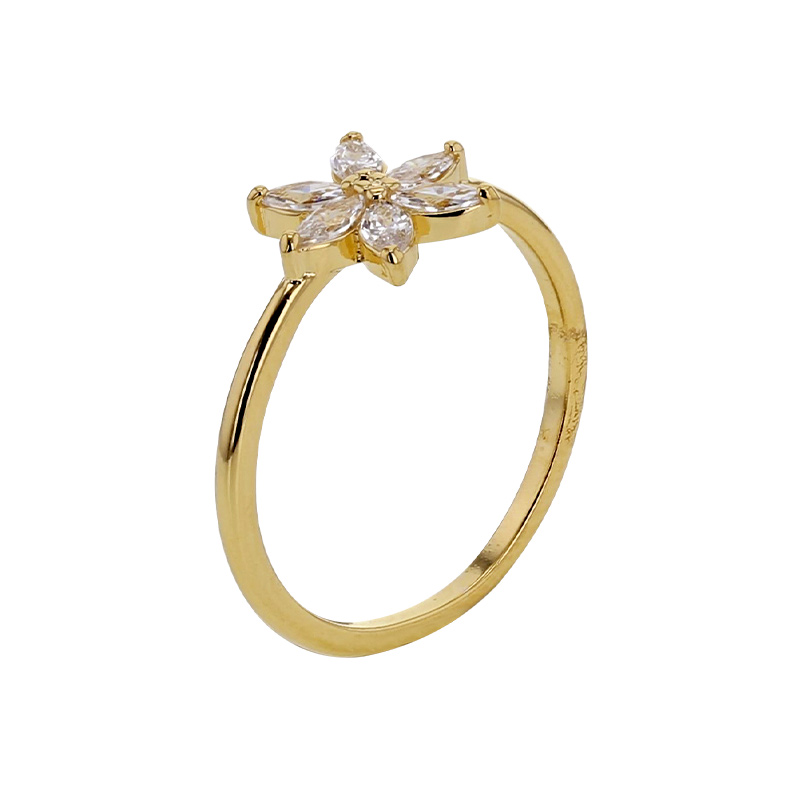 Bague fleur avec pétales sertis d'oxydes, plaqué or