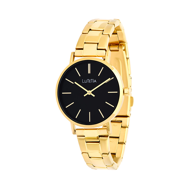 Montre Lutetia boîtier métal doré, cadran noir et bracelet acier doré à boucle déployante