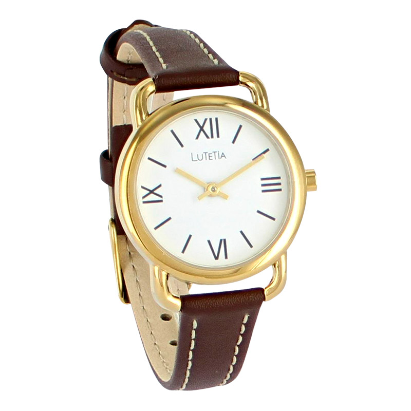 Montre Lutetia boîtier métal doré, cadran blanc, bracelet cuir de bovin marron, surpiqûres