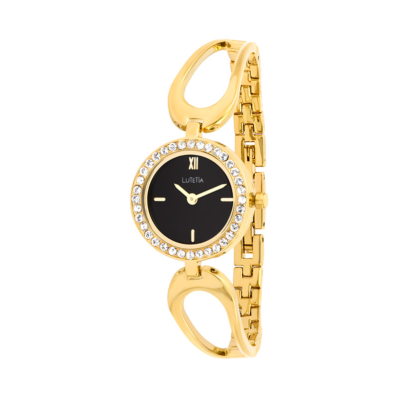 Montre Lutetia boîtier et bracelet métal doré, cadran noir avec pierres synthétiques