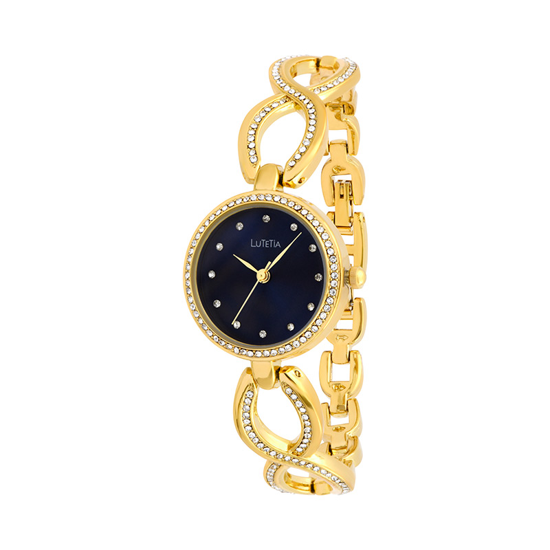 Montre Lutetia boîtier et bracelet métal doré, pierres synthétiques, cadran bleu