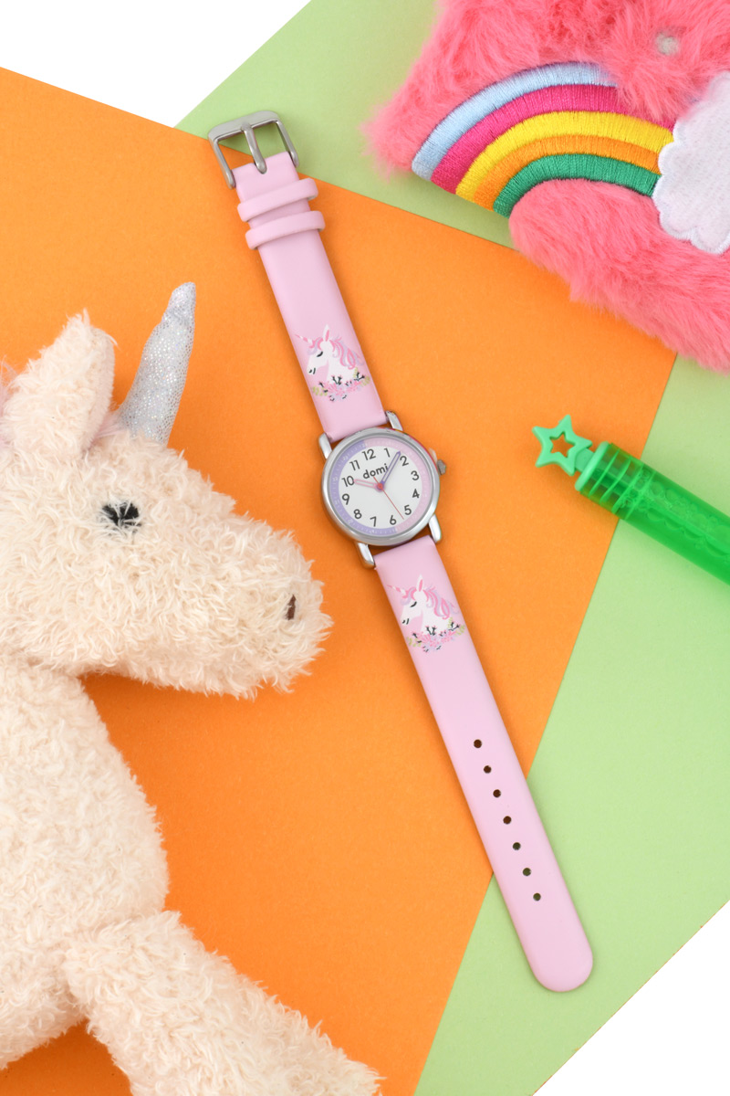 Montre pour enfant motif licorne boîtier métal et bracelet synthétique rose, mvt 2035