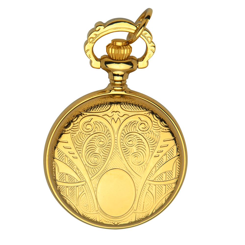 Montre pendentif à couvercle motif écusson, laiton doré, 2 aiguilles et chiffres arabes