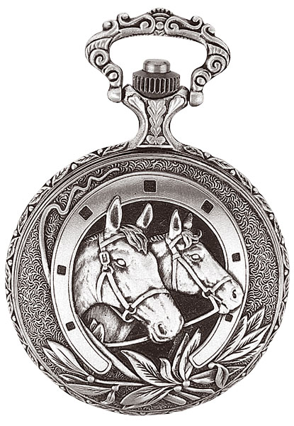 Montre de poche CHEVAUX en laiton palladié vieilli à couvercle, dato 3h, chiffres arabes