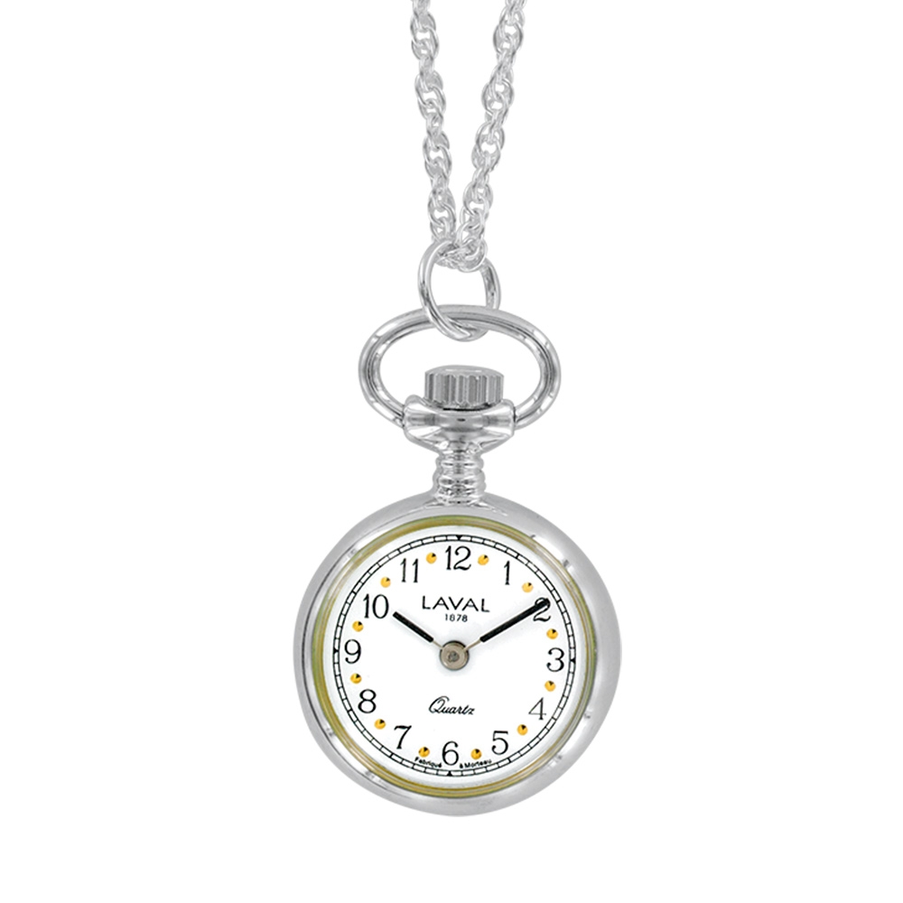 Montre pendentif motif fleurs, laiton argenté, 2 aiguilles, index et chiffres arabes