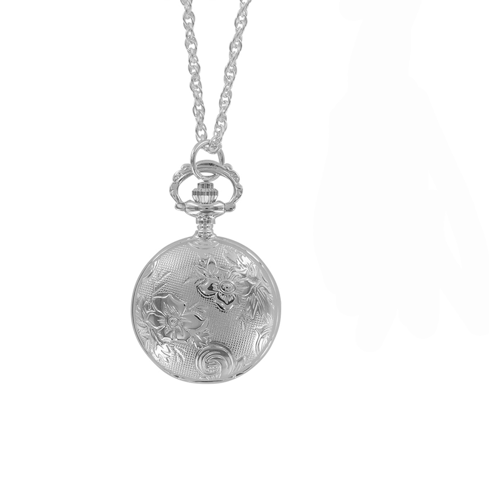 Montre pendentif à couvercle motif fleur, laiton argenté, 3 aiguilles, chiffres romains