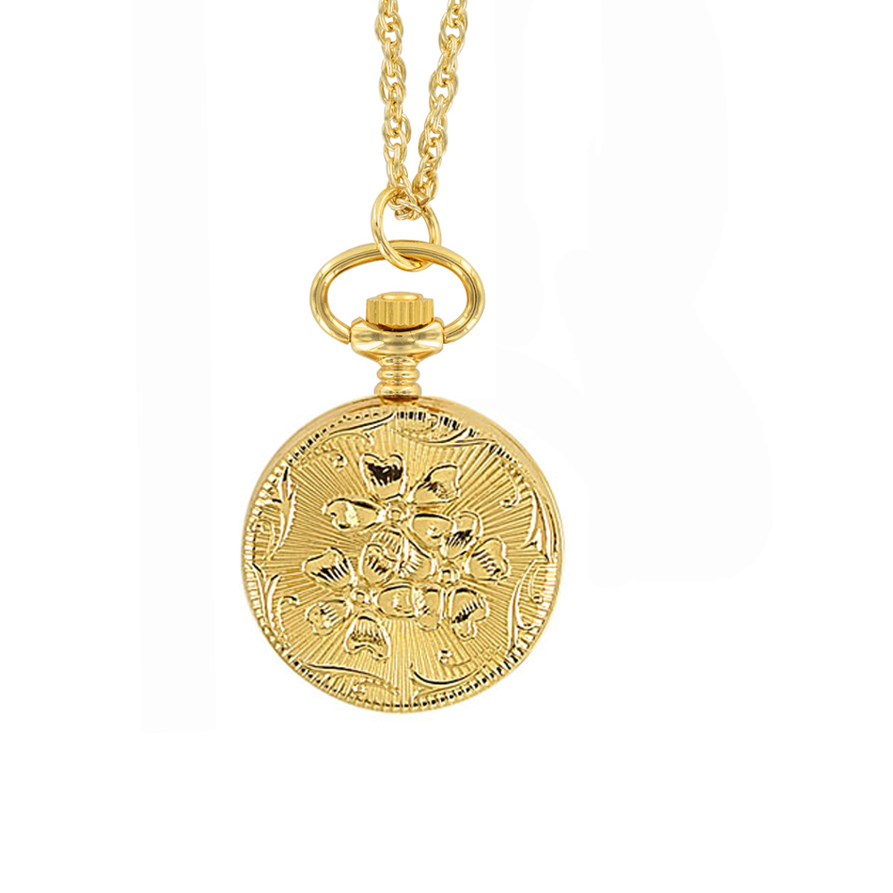 Montre pendentif à couvercle motif fleurs, laiton doré, 2 aiguilles et chiffres arabes