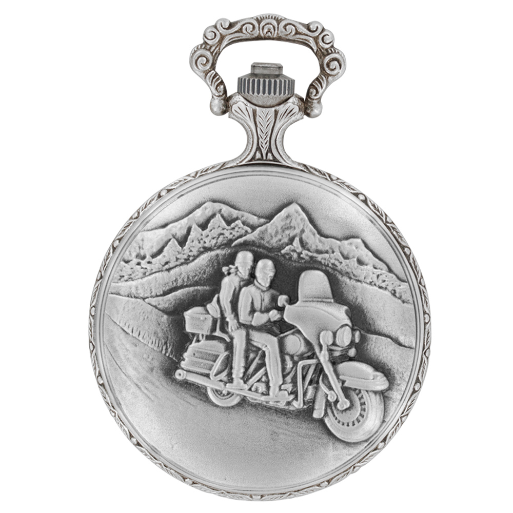 Montre de poche motifs moto et aigle en palladium, clapet, dato 3h, chiffres arabes