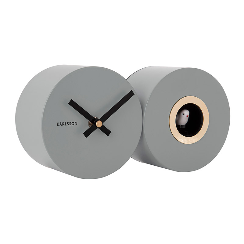 Horloge-duo murale avec coucou métal mat gris clair