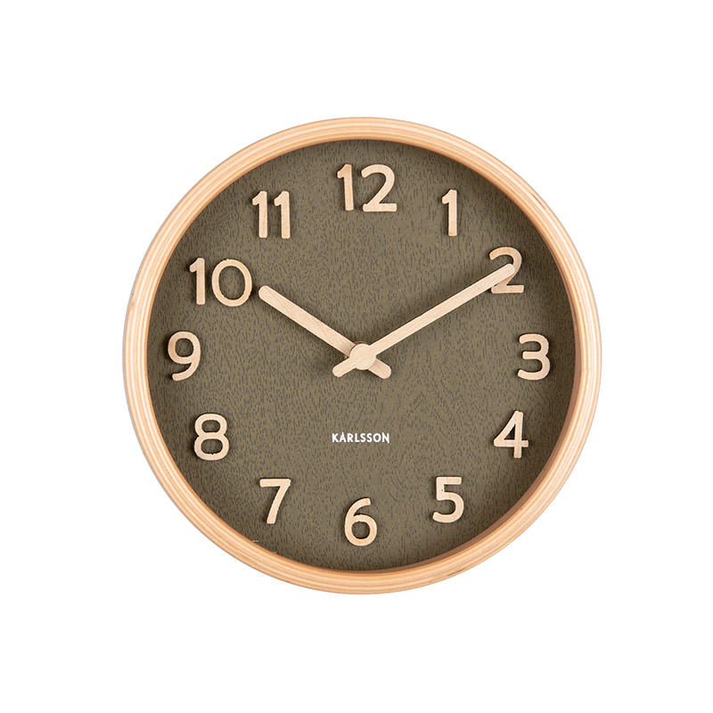 Horloge de table ronde en bois clair, cadran vert kaki aiguilles bois