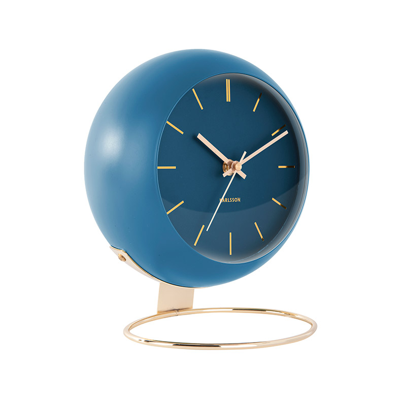Horloge en forme de globe noir à poser, pied métal doré