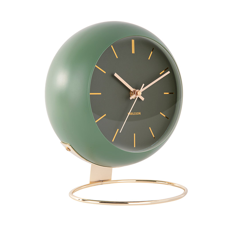 Horloge en forme de globe noir à poser, pied métal doré
