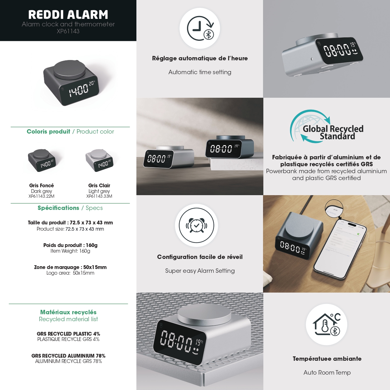 Réveil, thermomètre et chargeur sans fil en aluminium recyclé gris foncé