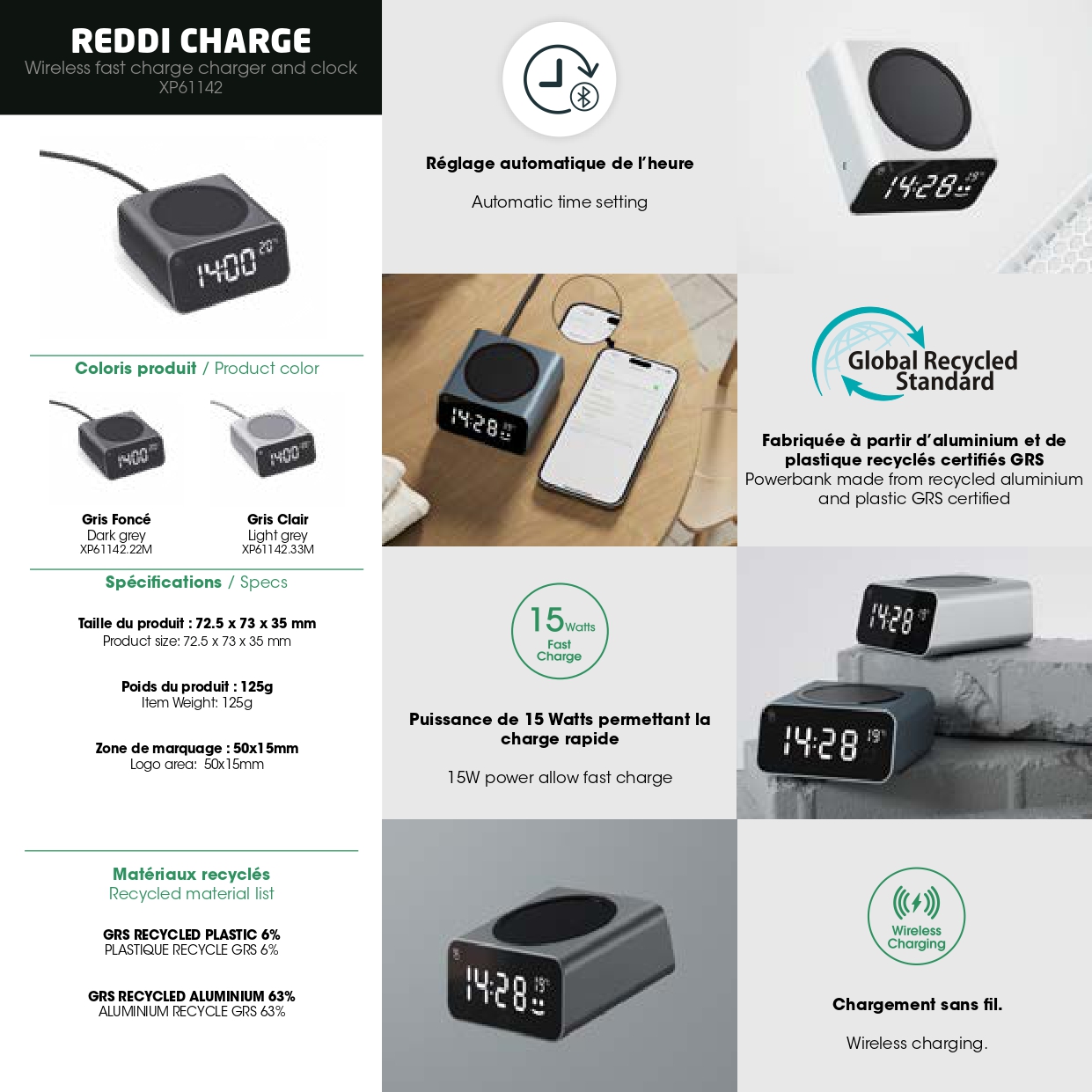 Horloge et chargeur sans fil en aluminium recyclé gris foncé