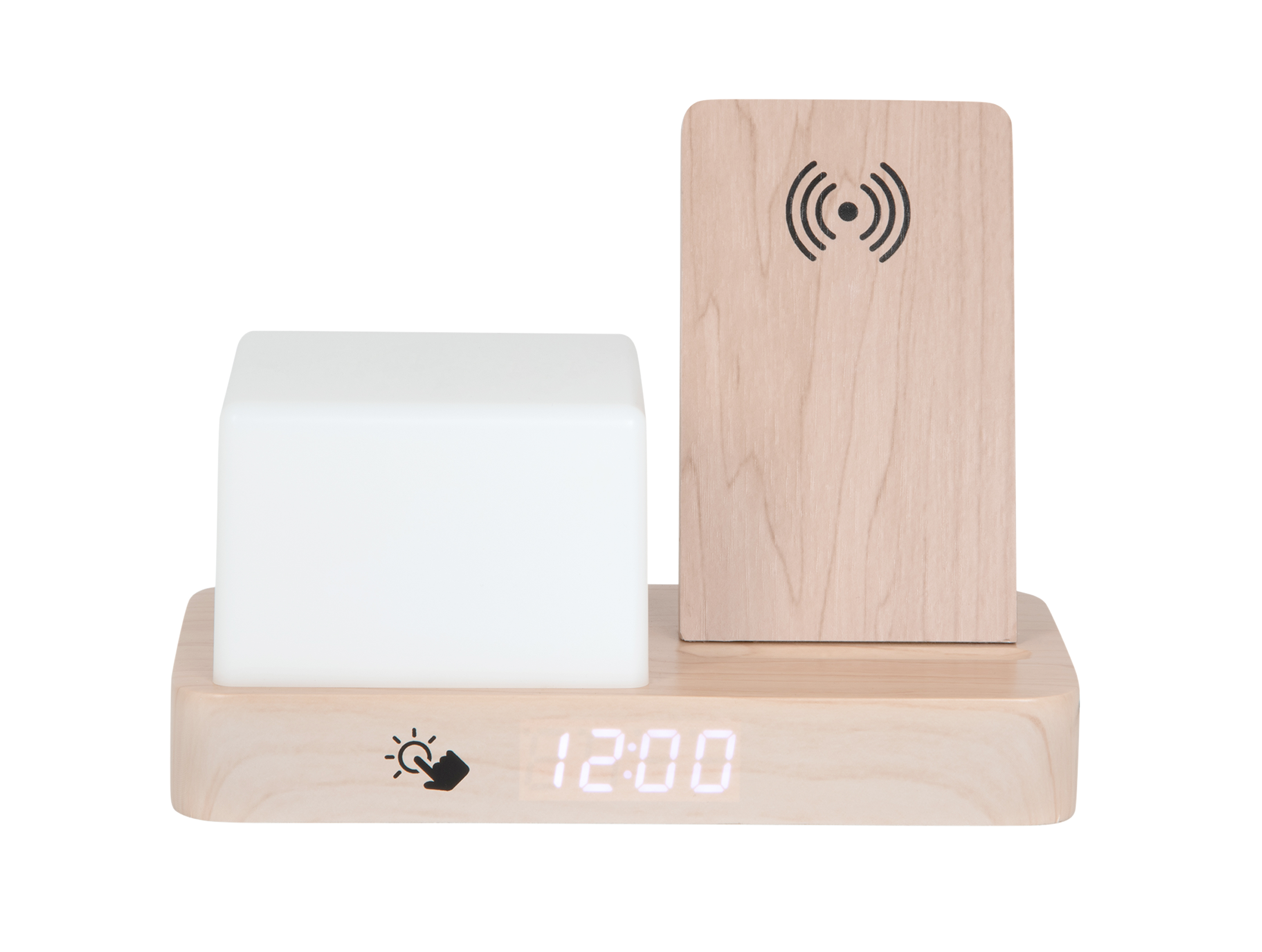 Réveil « rétro » en MDF blanc avec veilleuse LED cube et chargeur sans fil