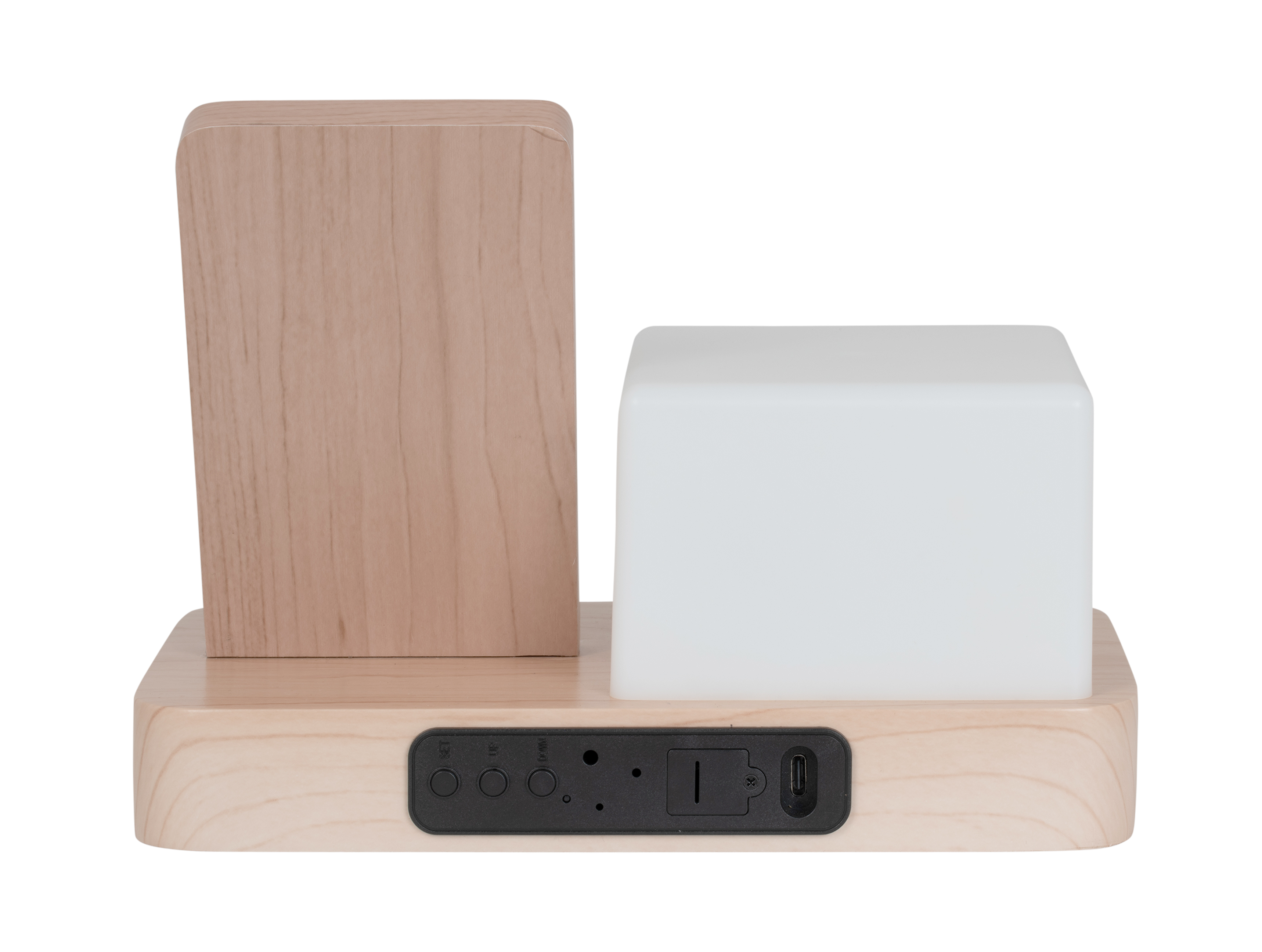 Réveil « rétro » en MDF blanc avec veilleuse LED cube et chargeur sans fil
