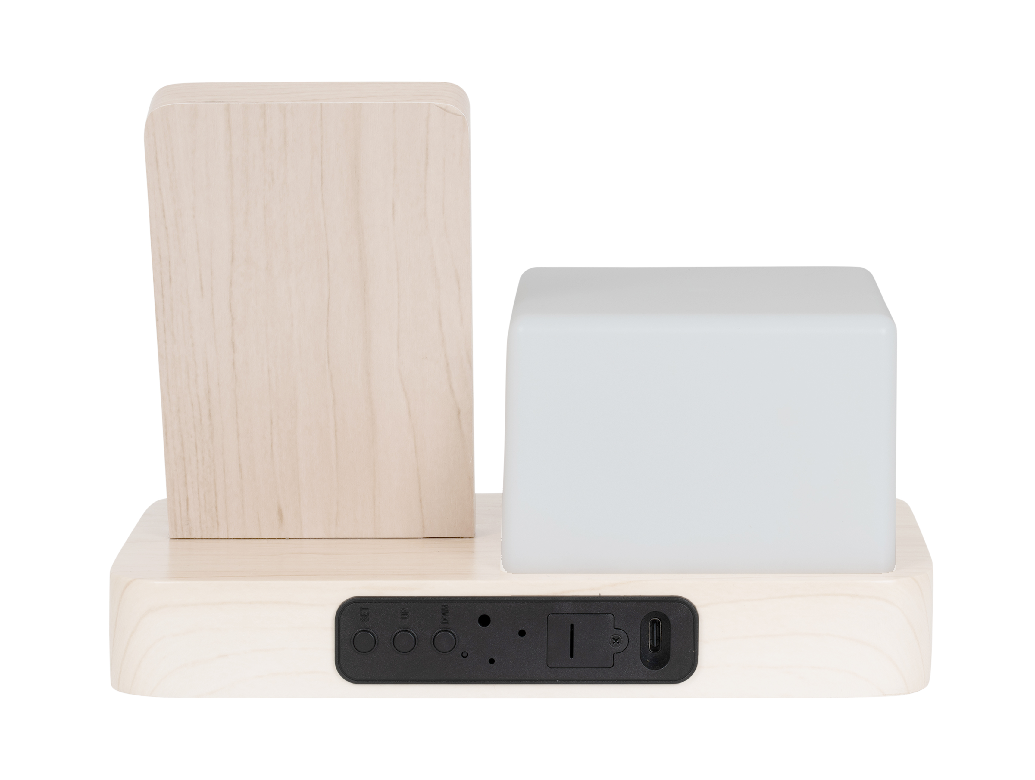 Réveil « rétro » en MDF blanc avec veilleuse LED cube et chargeur sans fil