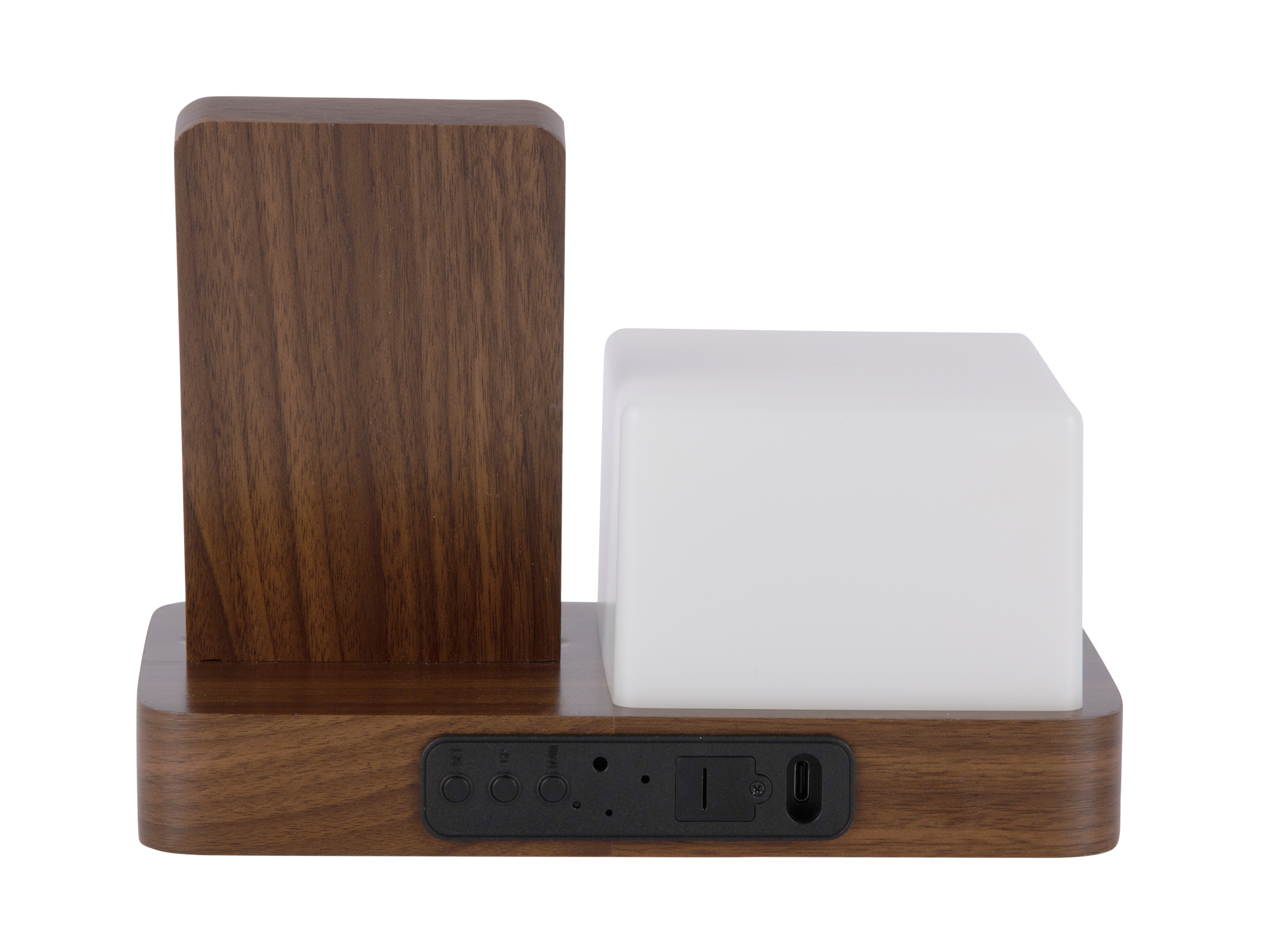 Réveil « rétro » en MDF blanc avec veilleuse LED cube et chargeur sans fil