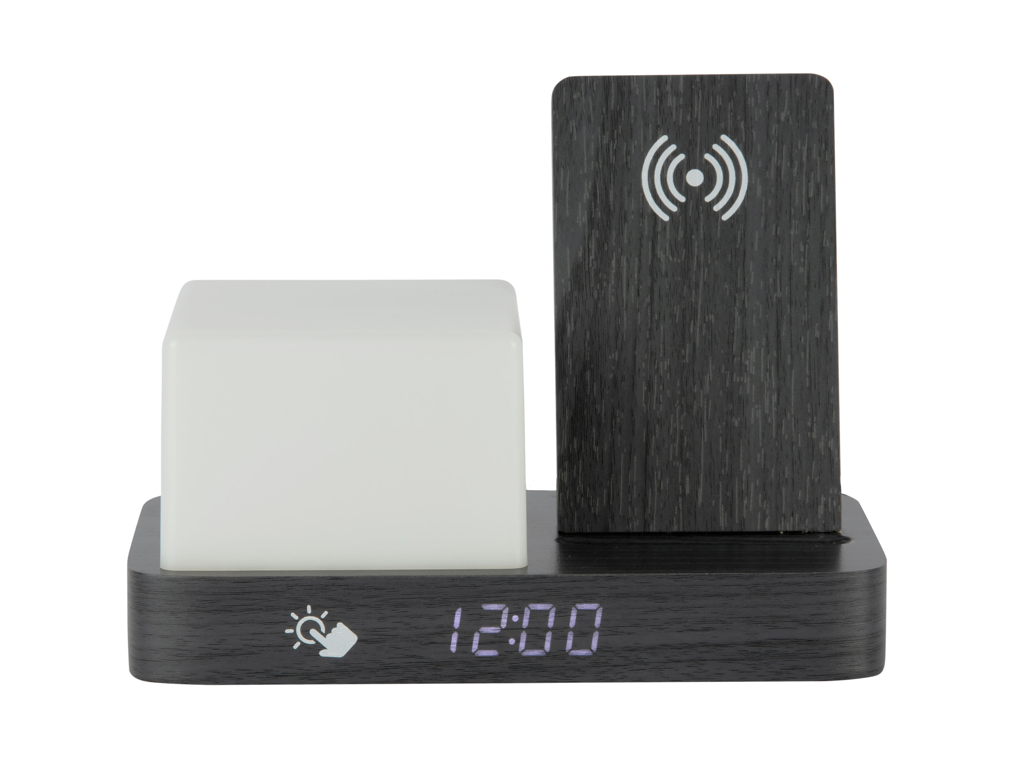 Réveil « rétro » en MDF blanc avec veilleuse LED cube et chargeur sans fil