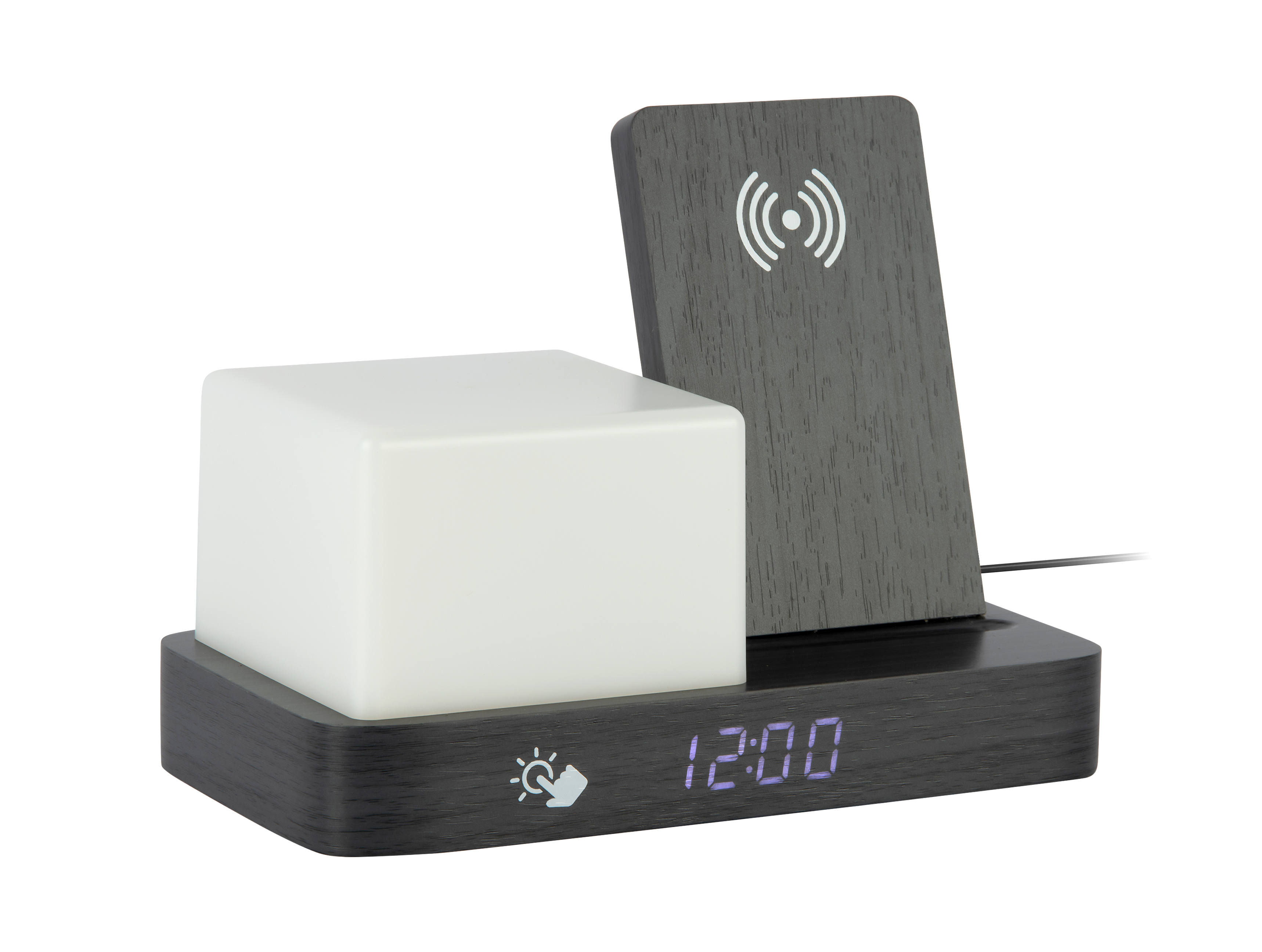 Réveil « rétro » en MDF blanc avec veilleuse LED cube et chargeur sans fil