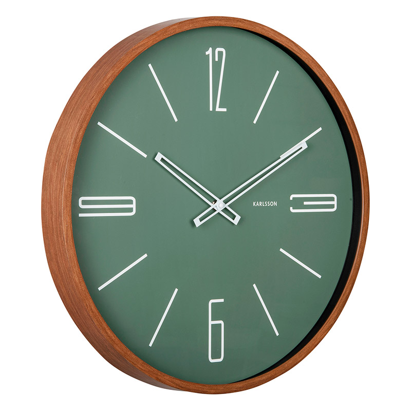 Horloge murale couleur bois foncé et cadran vert jungle