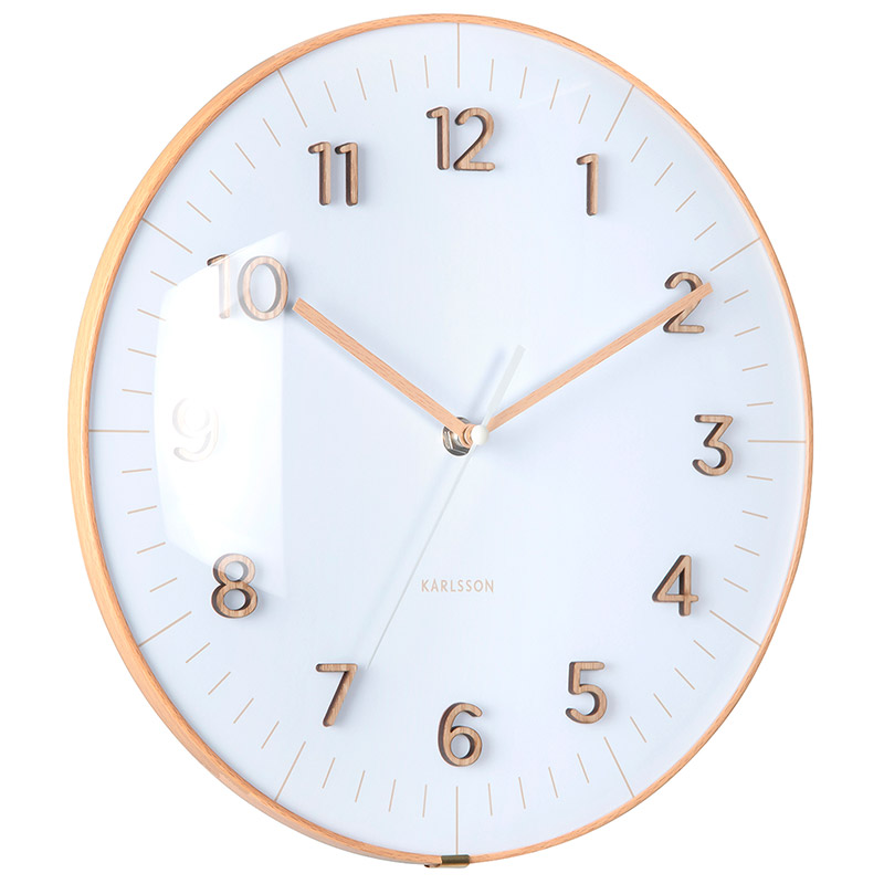 Horloge murale ronde noir, cadran bombé et chiffres en bois naturel