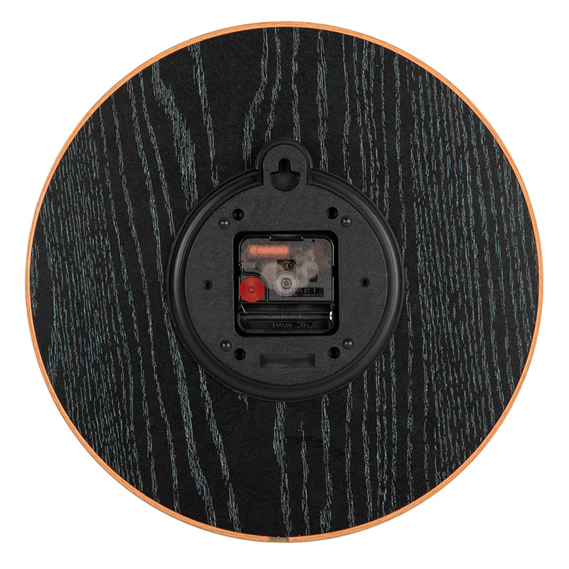 Horloge murale ronde noir, cadran bombé et chiffres en bois naturel