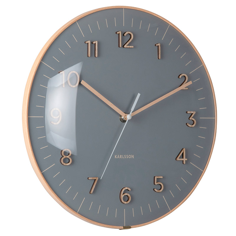 Horloge murale ronde noir, cadran bombé et chiffres en bois naturel