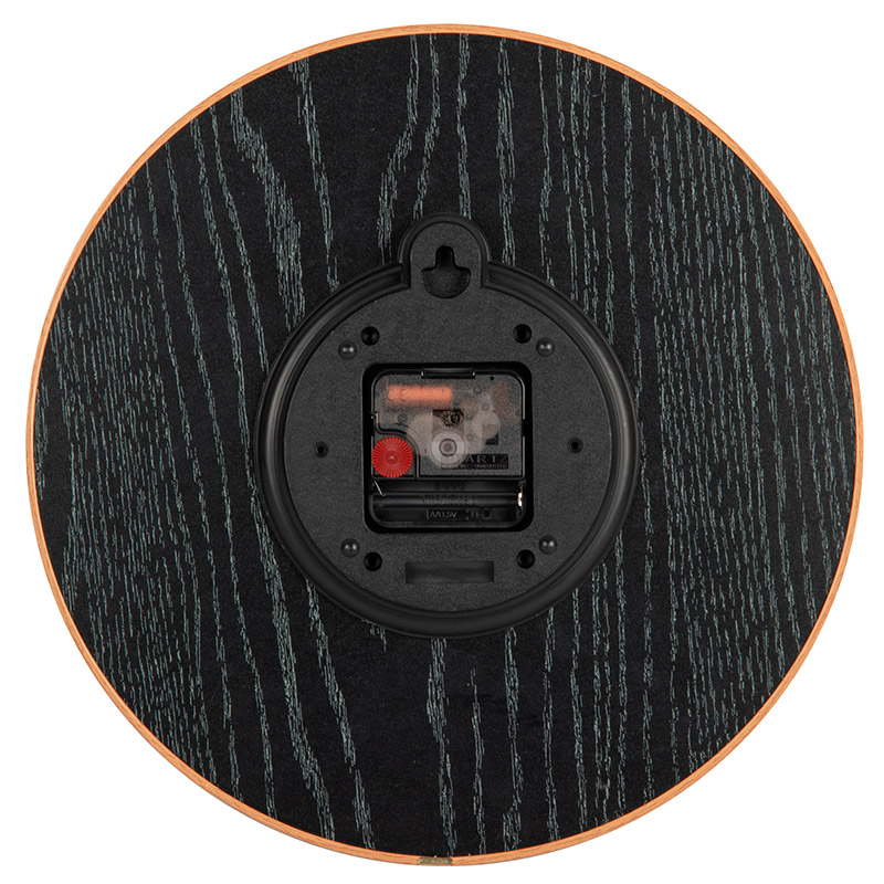 Horloge murale ronde noir, cadran bombé et chiffres en bois naturel