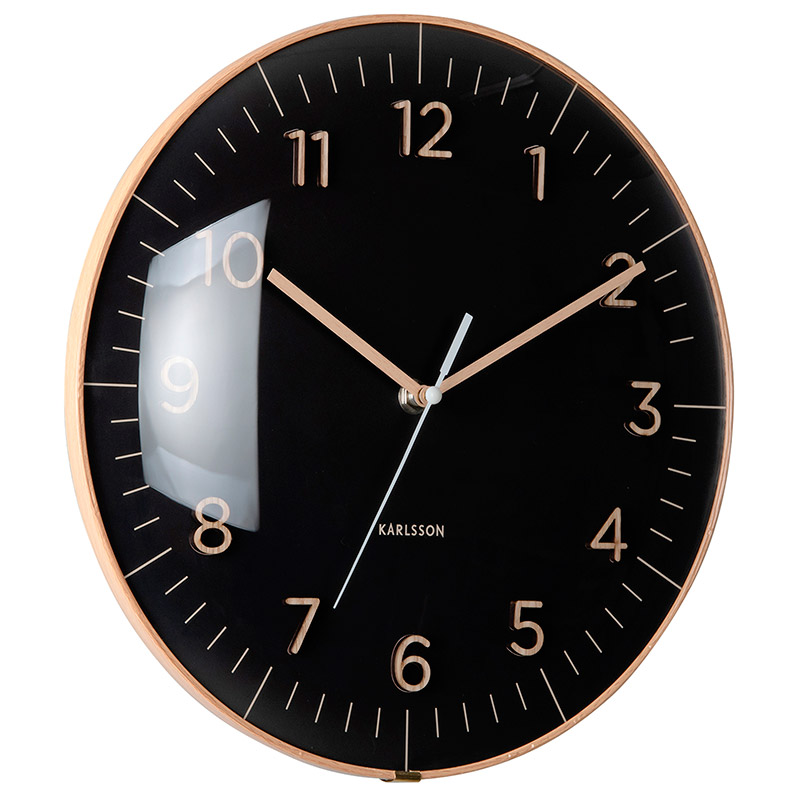 Horloge murale ronde noir, cadran bombé et chiffres en bois naturel