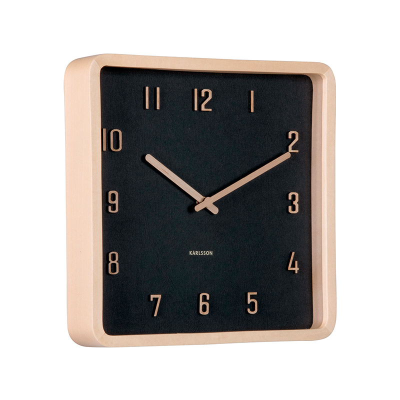 Horloge murale/table carré en noir et bois de tilleul naturel, chiffres en relief