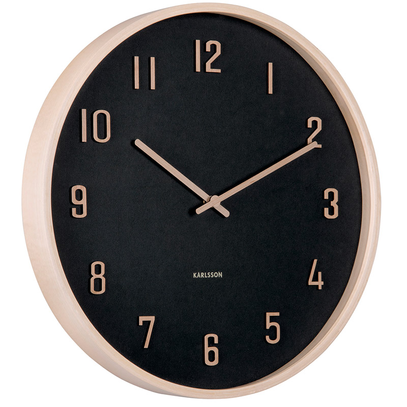 Horloge murale ronde en noir et bois de tilleul naturel, chiffres en relief