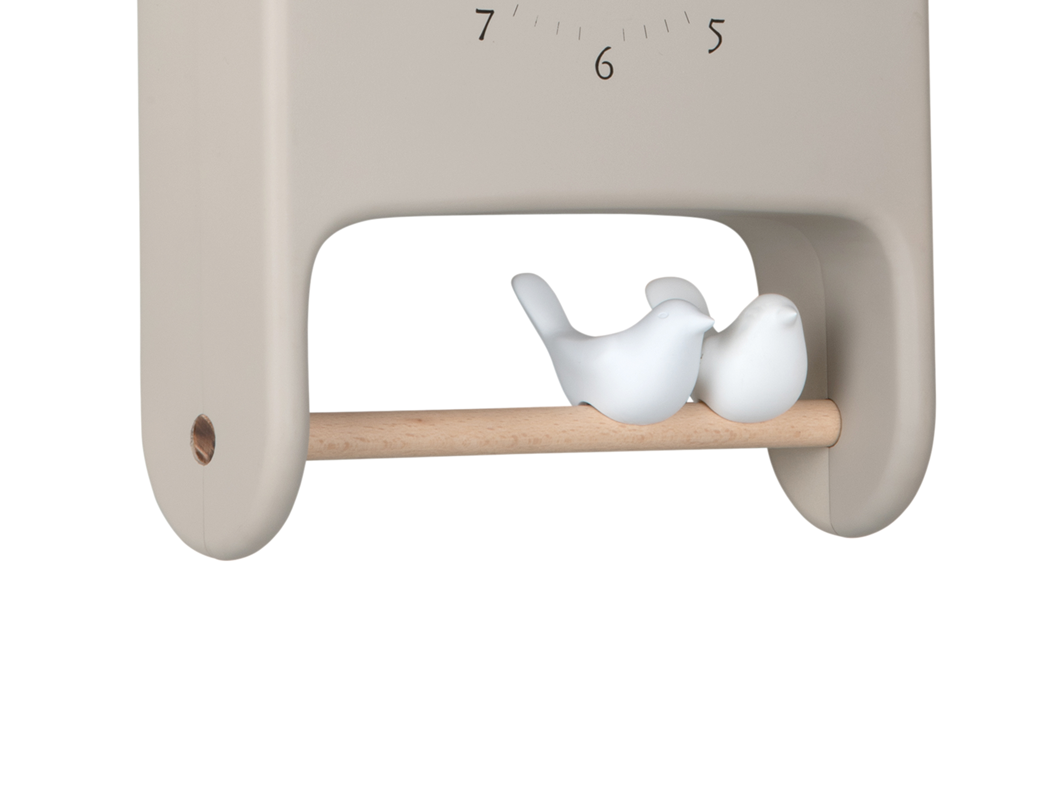 Horloge murale forme maison beige avec 2 oiseaux sur un perchoir en bois