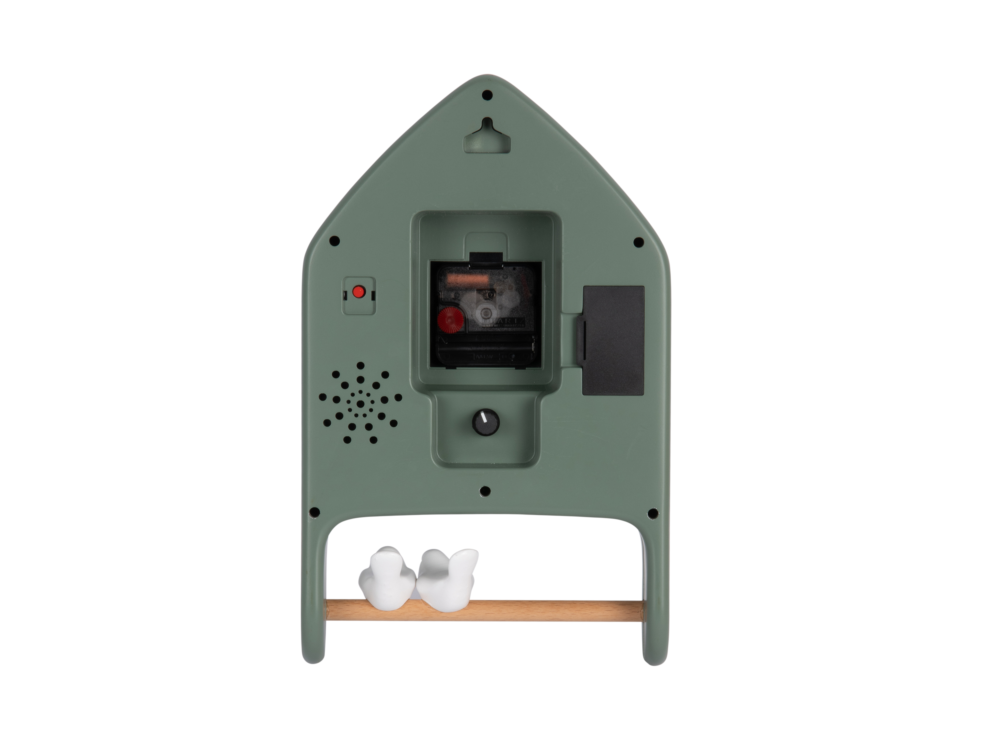 Horloge murale forme maison beige avec 2 oiseaux sur un perchoir en bois