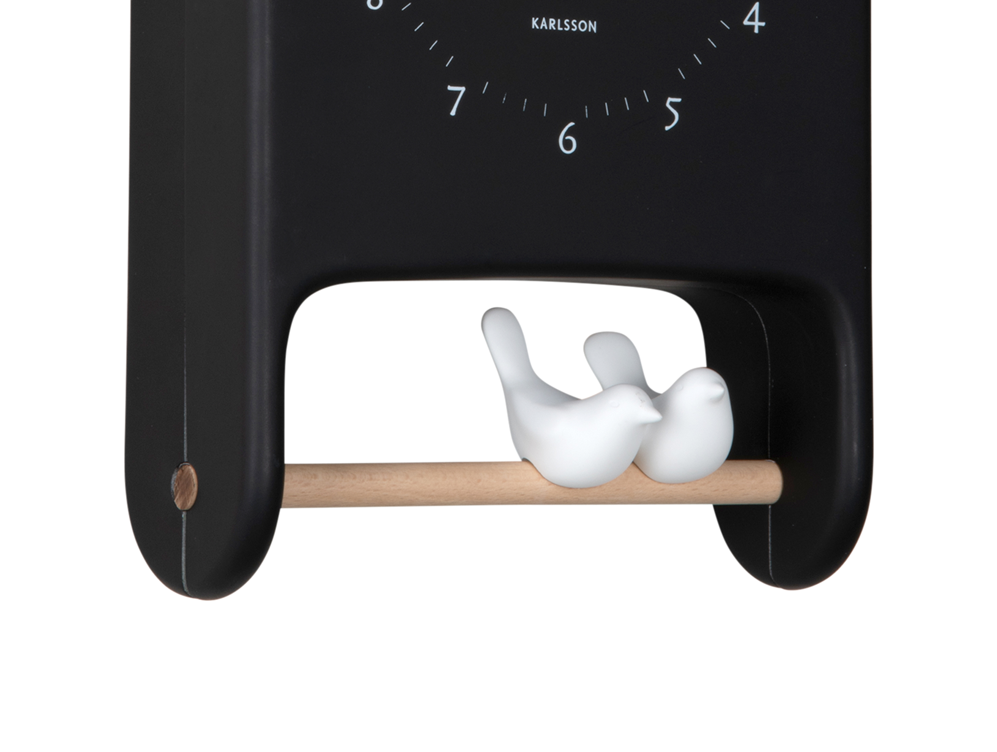 Horloge murale forme maison beige avec 2 oiseaux sur un perchoir en bois