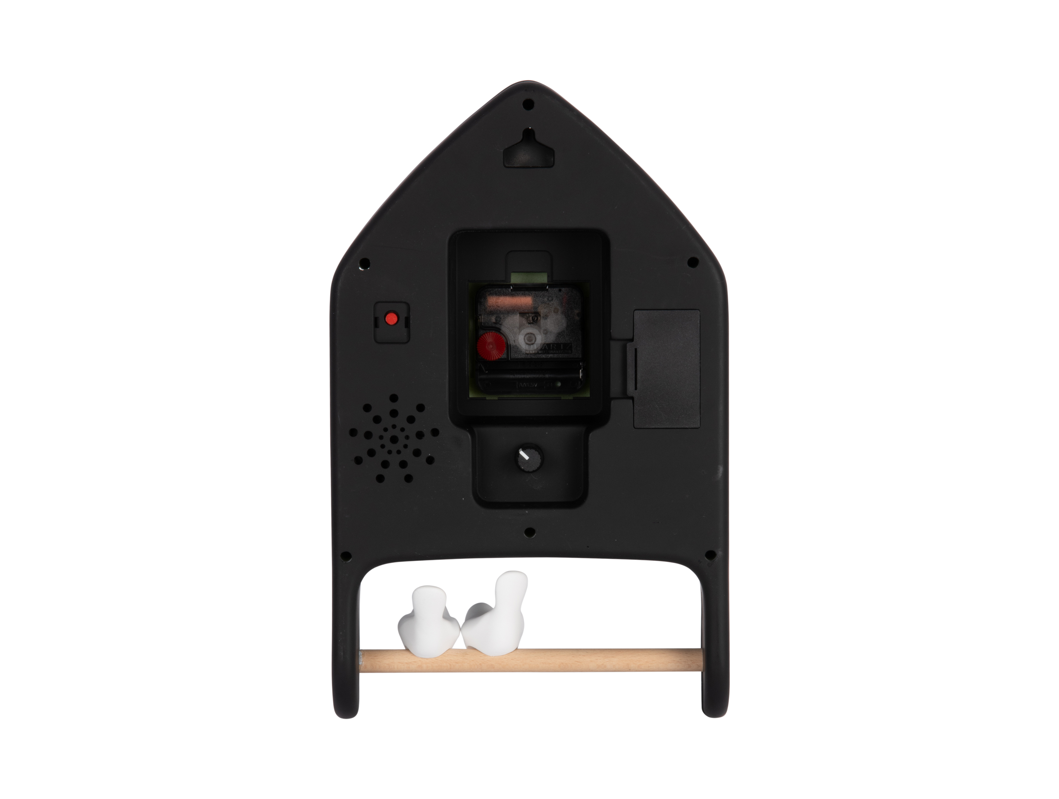 Horloge murale forme maison beige avec 2 oiseaux sur un perchoir en bois